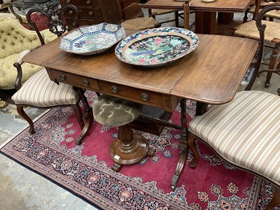 Lot 1234 - Regency mahogany and ebony line inlaid sofa table, with rounded rectangular drop leaf top over twin frieze drawers and opposing dummy drawers on on dual column ends and splayed supports terminating...