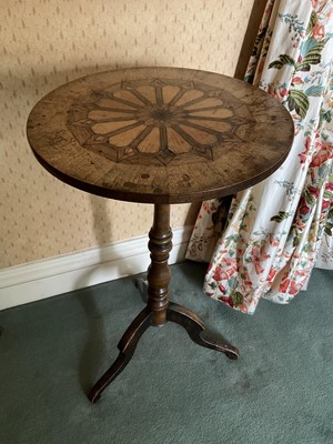 Lot 1242 - 19th century parquetry inlaid fruitwood wine table, with circular top on ring turned column and hipped cabriole legs, 43cm diameter