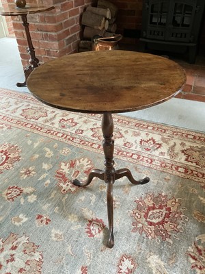 Lot 1248 - George III fruitwood wine table, with solid circular tilt top on turned slender column and tripod cabriole supports, 52cm diameter