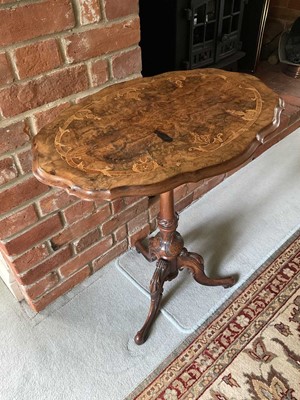 Lot 1251 - Victorian mahogany and floral inlaid shaped occasional table, with shaped top on carved column and tripod base, 60cm wide