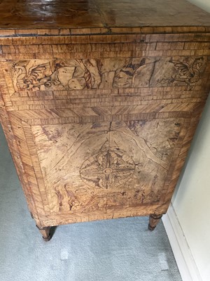 Lot 1257 - Impressive early 18th century Italian figured walnut crossbanded and marquetry inlaid commode, the top with shaped angles, over four drawers, each with early paper lining, on tapered feet, a note i...