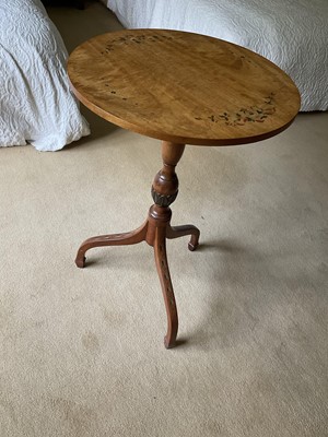 Lot 1265 - Edwardian satinwood and painted wine table, with circular painted top on carved column and downswept tripod supports, 44cm diameter