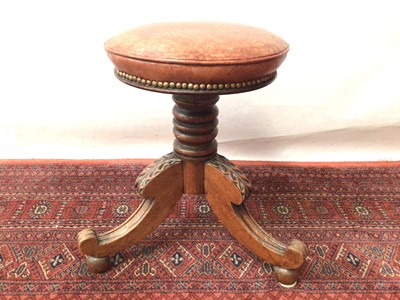 Lot 1276 - 19th century piano stool, with leather adjustable seat on splayed supports