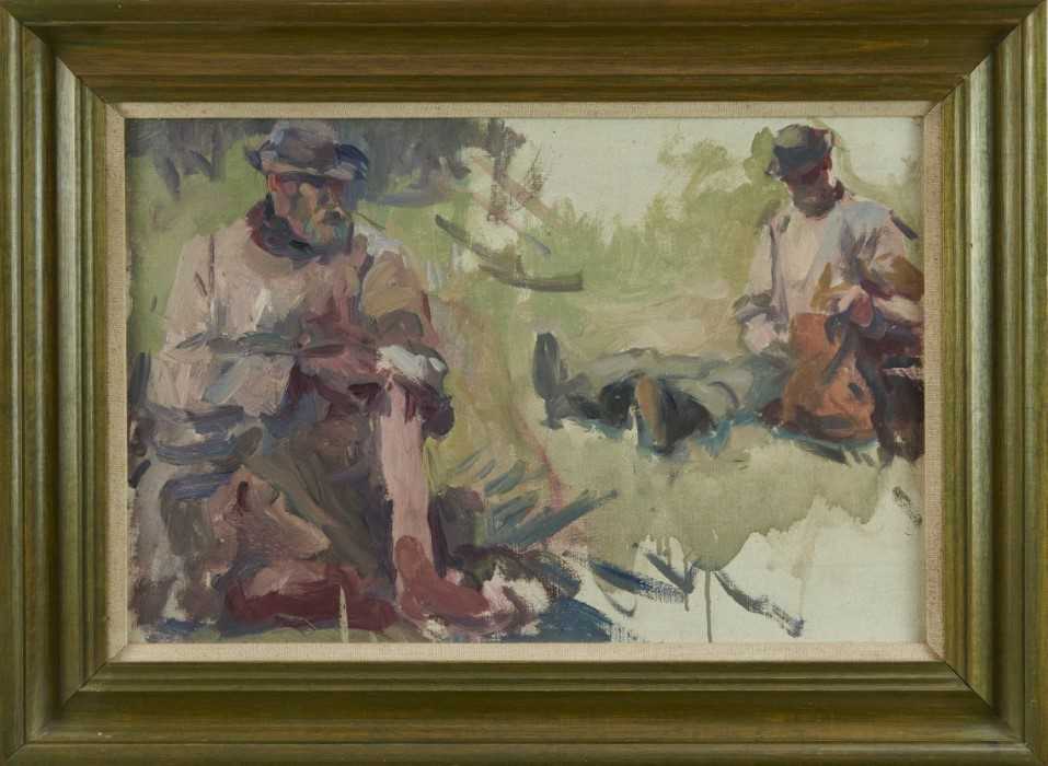Lot 913 - Harry Becker (1865-1928) oil on board - figure sketches, 'Lunch Break', framed