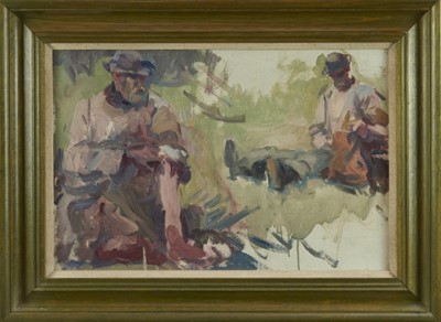 Lot 913 - Harry Becker (1865-1928) oil on board - figure sketches, 'Lunch Break', framed