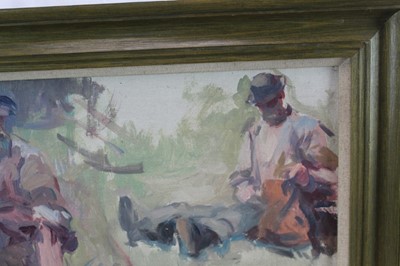 Lot 913 - Harry Becker (1865-1928) oil on board - figure sketches, 'Lunch Break', framed