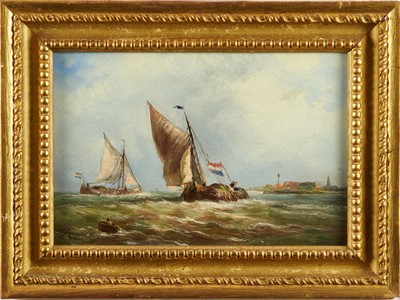 Lot 1157 - Willem Gruyter (1817-1880) oil on panel - Dutch Barges off the Dutch Coast, signed, 21cm x 30cm, in gilt frame  
Provenance: Colin Denny Ltd., Chelsea Green, London