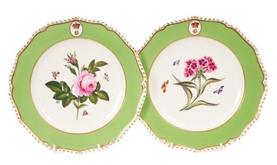 Lot 65 - Fine pair Early 19th century Bloor Derby botanical subject dessert plates with Marquess's coronet above a Gothic B monogram within border cartouches, each plate painted with flowers and insects wit...