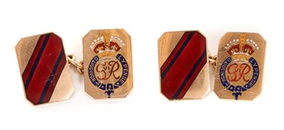 Lot 67 - Pair King George VI Royal Engineer Officers 9ct gold and enamel cufflinks with crowned GR VI ciphers and regimental red and blue stripes, dated 1949 in fitted case.