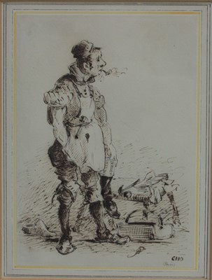 Lot 1184 - Charles Cooper Henderson 1803-1877 Pen and Ink drawing of a cobbler with his bag of tools and bench, inscribed and signed with the artists initials, framed and glazed 35cm x 29cm