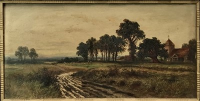 Lot 191 - 19th century oil painting by J Lewis, fields with trees and church in background and sheep and shepherd in distance. 30cm x 60cm, framed