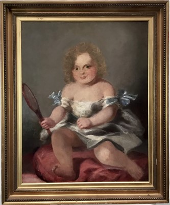Lot 192 - French School, 19th century, oil on canvas - portrait of a young girl holding a hand mirror, 63cm x 50cm, in gilt frame