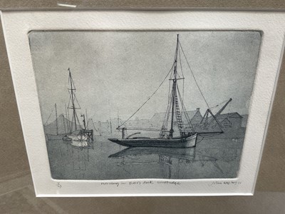 Lot 580 - John Western (1948-1993) three etchings - Upturned water cart, Church and Cottages, Crettingham, Morning in Bass's Dock, Woodbridge, each in glazed frame
