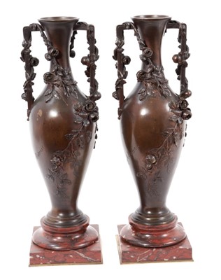 Lot 881 - After Auguste Moreau: Good pair of bronze ornamental vases, on rouge marble bases