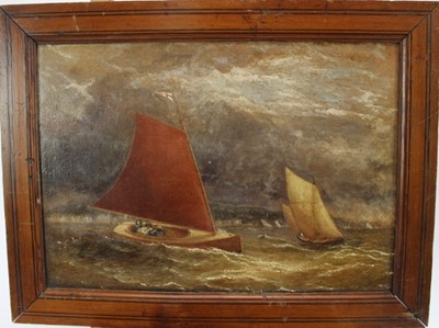 Lot 1149 - English School, 19th century, oil on panel - sailing boats off the coast, 25cm x 36cm, framed