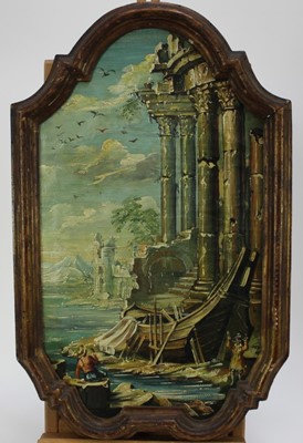 Lot 964 - Italian School, late 19th/early 20th century, oil on shaped canvas - Temple Ruins, in gilt frame, 53cm x 33cm overall