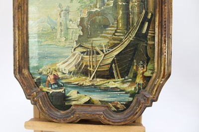 Lot 964 - Italian School, late 19th/early 20th century, oil on shaped canvas - Temple Ruins, in gilt frame, 53cm x 33cm overall