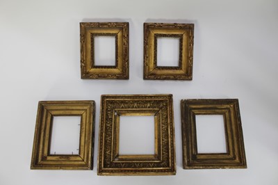 Lot 1197 - Two pairs of 19th century gilt picture frames to take works measuring 12cm x 15.5cm and 12.5cm x 10cm, together with another deep gilt frame, 16.5cm x 15cm (5)