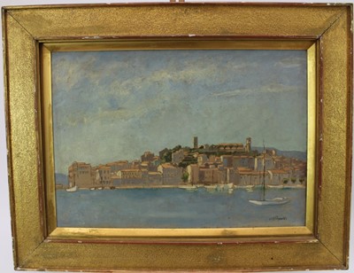 Lot 993 - O. B. Reynolds, 1920s oil on board - 'Old town at Cannes from the harbour wall', signed, titled verso and dated Mid-Summer 1928, 35cm x 50cm, in gilt frame