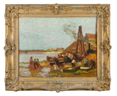 Lot 989 - Karl O'Lynch Van Town (1869-1942) oil on board - workers beside the river, signed, 47cm x 62cm, in gilt frame