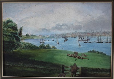 Lot 970 - English School, 19th century, watercolour - shipping on the river, Birkenhead, 23cm x 33cm, mounted