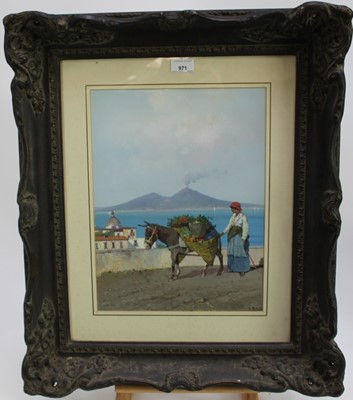 Lot 1147 - D. Ardito, late 19th/early 20th century, gouache - Italian fruit seller with her donkey, signed, 39cm x 29cm, in glazed frame