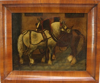 Lot 972 - Naive School, 19th century, oil on canvas - pair of heavy horses, 33cm x 42cm, in good quality walnut veneered frame