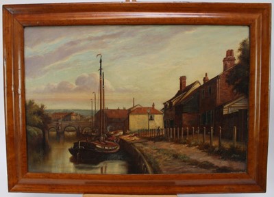 Lot 1146 - 19th century oil on canvas - moored barges, 40cm x 60cm, in maple veneered frame