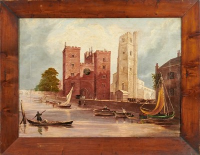Lot 974 - English School, 19th century, oil on canvas - Lambeth Palace from the Thames, 44cm x 60cm, in 19th century pine frame