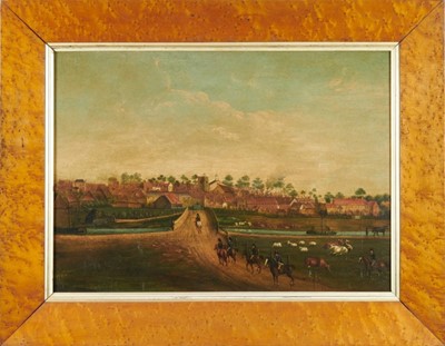 Lot 975 - English School, early 19th century, oil on panel - Town Panorama, 42cm x 59cm, in maple veneered frame