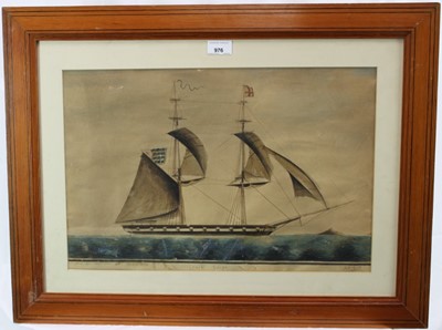 Lot 976 - Mid-19th century pen, ink and watercolour - ship portrait, indistinctly signed and titled, inscribed Buenos Ayres and dated 1845, 33cm x 50cm, in glazed frame