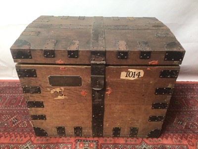 Lot 1395 - Victorian iron bound oak silver chest with removable trays