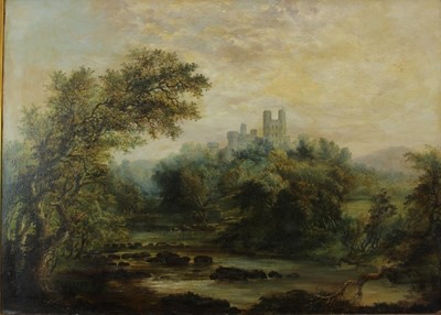 Lot 1144 - Follower of J. Stark and F. G. White, 19th century, oil on canvas - Hilltop Castle beside a river, 81cm x 114cm, in gilt frame