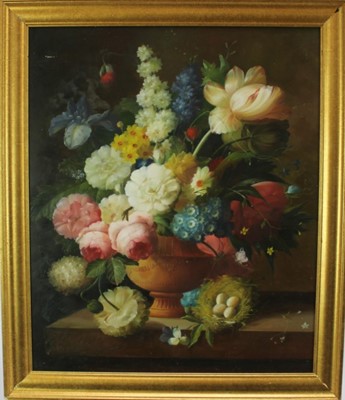 Lot 1145 - Thomas Webster, 20th century, oil on panel - still life profusion of Summer flowers, signed, 60cm x 50cm, in gilt frame