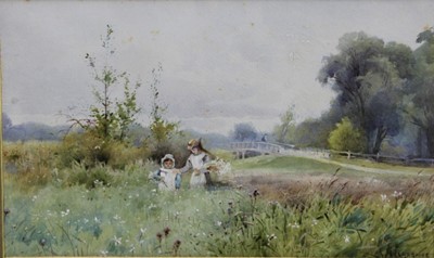 Lot 1146 - Arderne Clarence (1882-1966) watercolour - rural landscape with two girls picking wildflowers, signed, 21cm x 36cm, in glazed gilt frame