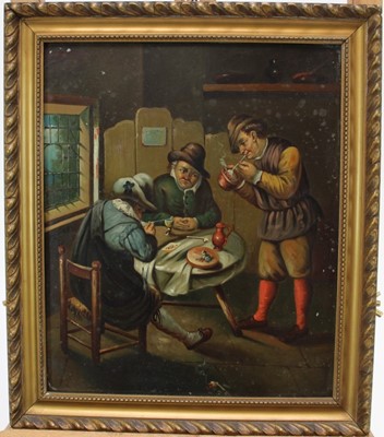 Lot 1147 - Dutch School, 19th century, oil on tin panel - figures smoking and drinking in an inn, 24cm x 20cm, in gilt frame