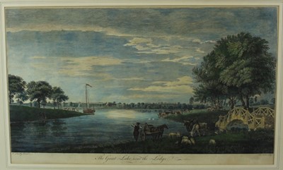Lot 1150 - T. Sandby, pair of 18th century hand coloured engravings - The Lodge & Stables Windsor Great Park and The Great Lake near the Lodge, in glazed frames, 33.5cm x 56cm Provenance: The Parker Gallery