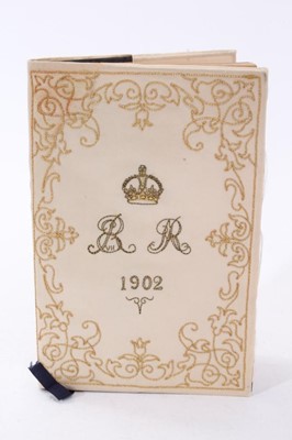 Lot 120 - The Coronation of H.M.King Edward VII June 26th 1902, The Form and Order of the service in gilt tooled blue Morocco leather binding with crowned ERVII cipher in a decorative cream silk and gold bul...