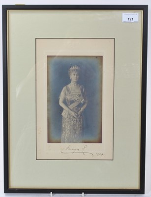 Lot 121 - H.M.Queen Mary, fine signed Royal Presentation portrait photograph of The Queen wearing Jewels and The Order of The Garter signed in ink on border ' Mary R 1924 ' in glazed frame 45.5 x 34.5 cm