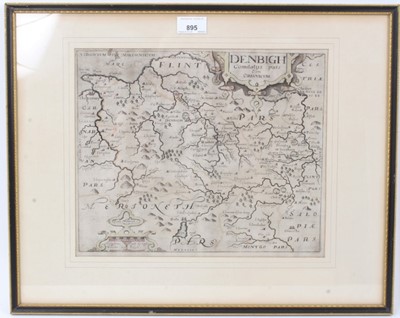Lot 895 - William Kip after Christopher Saxton (1540-1610), 17th century coloured engraving: Map of Denbigh