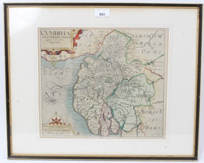 Lot 893 - William Kip after Christopher Saxton (1540-1610), coloured engraving, Map of Cumbria, 1637