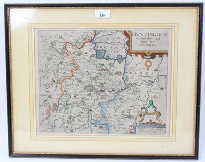Lot 894 - William Kip after Christopher Saxton (1540-1610), 17th century coloured engraving, Map of Huntington