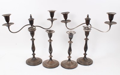 Lot 875 - Balliol College interest: Pair of 19th century Old Sheffield plate candelabra together with a pair of matching candlesticks