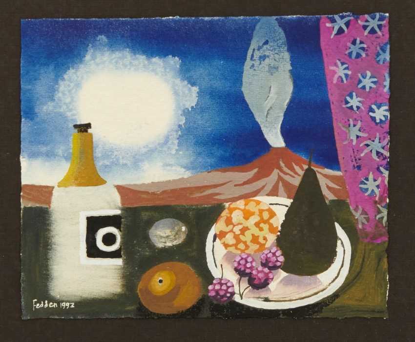 Lot 945 - *Mary Fedden (1915-2012) watercolour - still life with volcano, signed and dated 1993, 16.5cm x 20cm, in glazed frame 
Provenance: purchased by the vendors late parents directly from the artist