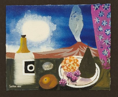 Lot 945 - *Mary Fedden (1915-2012) watercolour - still life with volcano, signed and dated 1993, 16.5cm x 20cm, in glazed frame 
Provenance: purchased by the vendors late parents directly from the artist