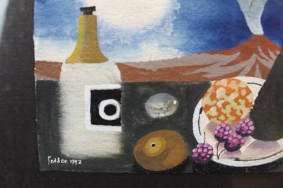 Lot 945 - *Mary Fedden (1915-2012) watercolour - still life with volcano, signed and dated 1993, 16.5cm x 20cm, in glazed frame 
Provenance: purchased by the vendors late parents directly from the artist