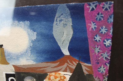 Lot 945 - *Mary Fedden (1915-2012) watercolour - still life with volcano, signed and dated 1993, 16.5cm x 20cm, in glazed frame 
Provenance: purchased by the vendors late parents directly from the artist