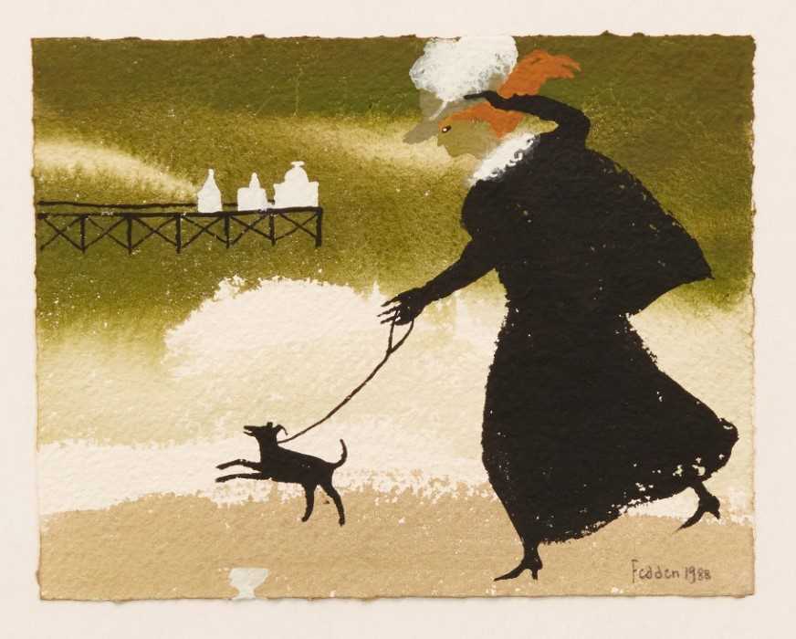 Lot 946 - *Mary Fedden (1915-2012) watercolour - Walking the Dog, signed and dated 1988, 15cm x 19cm, in glazed frame Provenance: purchased by the vendors late parents directly from the artist