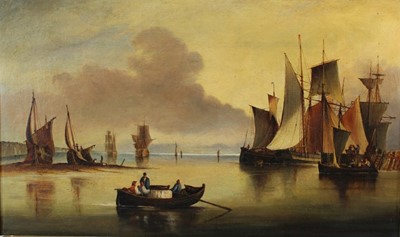 Lot 1189 - Early 19th century oil on canvas - shipping at anchor, apparently unsigned, 42cm x 71cm, in gilt frame