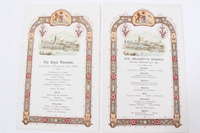 Lot 147 - H.M.King Edward VII, two highly decorative Windsor Castle Royal dinner and luncheon  menus for February 2nd and 3rd 1901. Queen Victoria only died on 22nd January 1901 and therefore these menus st...